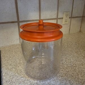 Vintage Tupperware Clear Acrylic Canister with Orange Push Top Lid